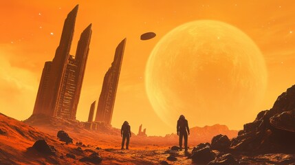 Explorers discovering ancient ruins on the surface of a distant planet