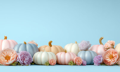 Minimal trendy thanksgiving halloween background, banner with pastel pumpkins with copy space. Autumn holidays decoration arrangement with pastel pumpkins and flowers. Copy space for text. Banner.