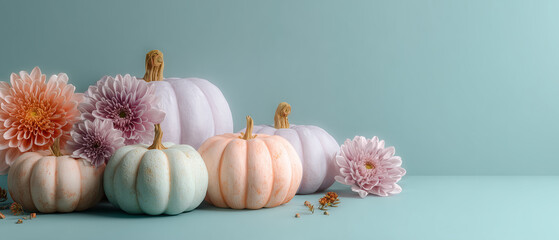 Minimal trendy thanksgiving halloween background, banner with pastel pumpkins with copy space. Autumn holidays decoration arrangement with pastel pumpkins and flowers. Copy space for text. Banner.