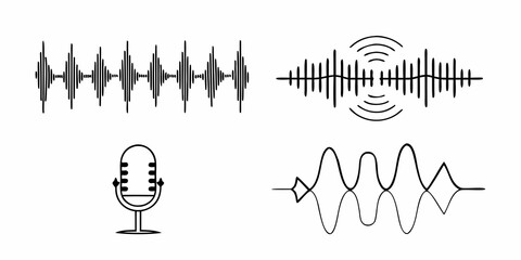 Podcast sound waves. Audio waveforms line icons, sound wave frequency or voice microphone signals. Music, podcast and broadcast, UI and audio branding design. Isolated vector set