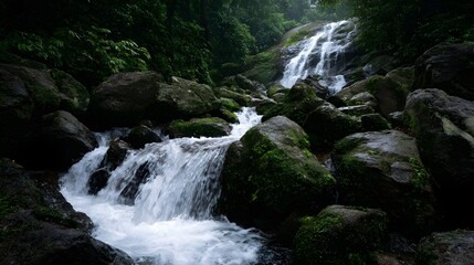 Fototapeta premium A vibrant waterfall cascades over moss covered rocks through a lush green jungle setting