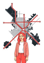 Flat Vector Illustration of Woman and Urban Transit Map