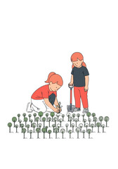 Flat Vector Illustration of Girls Planting Trees Together