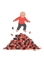 Happy Child Playfully Jumping Into Autumn Leaves Pile