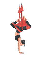 Active Woman Practicing Aerial Yoga Inversion Illustration