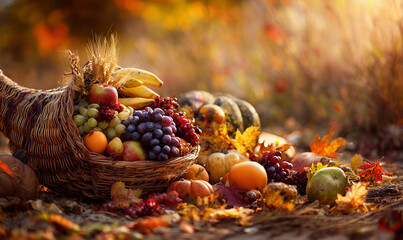 A photo of an autumn harvest scene with colorful fruits and vegetables in the foreground, with sunlight filtering through leaves creating a warm glow on the background. Thanksgiving.