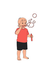 Cute Flat Vector Illustration of a Child Blowing Bubbles