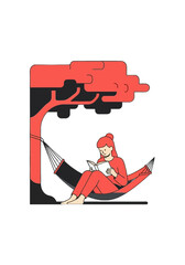 Minimal Flat Vector Woman Reading Book in Hammock
