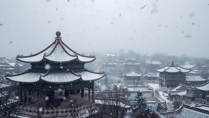 Snow falling on ancient Chinese temples
