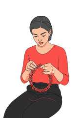 Asian Woman Crafting Flower Garland Flat Vector Illustration