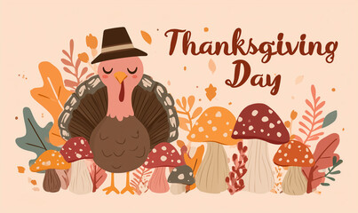 Cute cartoon turkey wearing a hat, surrounded by colorful mushrooms and leaves in the background with the text Thanksgiving Day on it. The design is simple yet charming, featuring bright colors.
