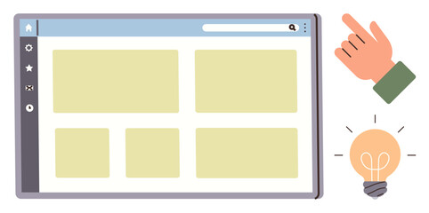 Website layout with sidebar menu, search bar, and content blocks. Hand pointing and lightbulb signify interaction, ideas, innovation. Ideal for web design, UX, creativity inspiration interface © robu_s
