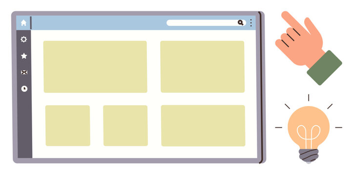 Website layout with sidebar menu, search bar, and content blocks. Hand pointing and lightbulb signify interaction, ideas, innovation. Ideal for web design, UX, creativity inspiration interface