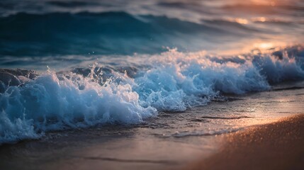 Naklejka premium Gentle ocean waves crest and break onto a sandy beach illuminated by the warm glow of sunset