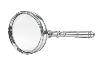 Chrome magnifying glass reflects light with round lens & detailed handle