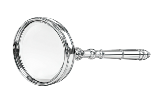 Chrome magnifying glass reflects light with round lens & detailed handle