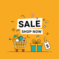 Vector illustration of a shopping cart, Colorful transparent gift boxes and fireworks on black background. Vector geometric flat illustration. Sale promotion banner