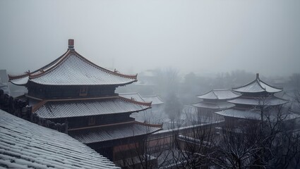 Snow falling on ancient Chinese temples
