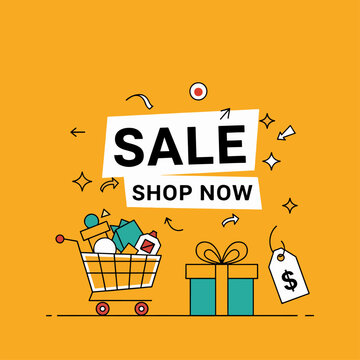 Vector illustration of a shopping cart, Colorful transparent gift boxes and fireworks on black background. Vector geometric flat illustration. Sale promotion banner