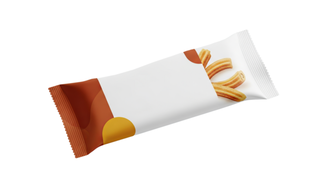 Churros are displayed inside a partially opened package with brown and sections.