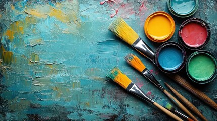Fototapeta premium Artist's brushes, paints, textured canvas, studio background, art supplies