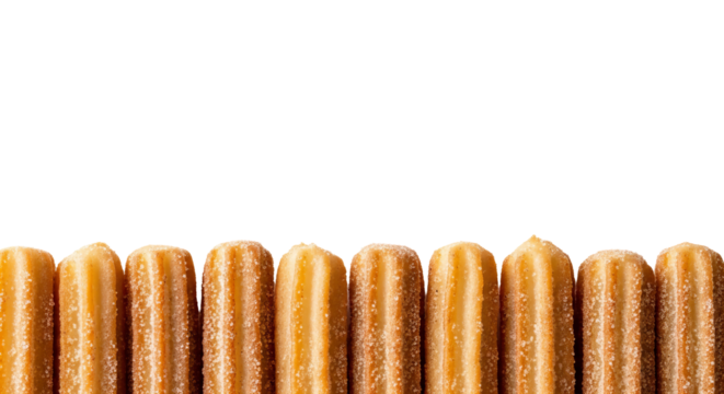 Churros are arranged side by side along the lower edge against a solid isolated background.