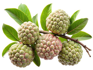 Sweet cherimoya fruit clusters with lush green leaves isolated on