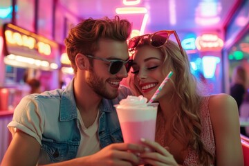 Happy couple enjoying milkshake in vibrant retro diner with neon lights