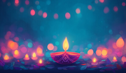 Glowing diya lamp surrounded by soft bokeh lights and rangoli pattern — vibrant Diwali festival background symbolizing warmth, peace, and the triumph of light over darkness