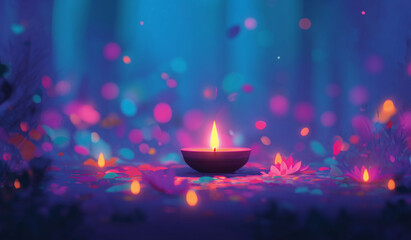 Glowing diya lamp surrounded by soft bokeh lights and rangoli pattern — vibrant Diwali festival background symbolizing warmth, peace, and the triumph of light over darkness