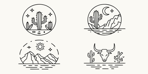 Set of four minimalist line art illustrations depicting desert landscapes with cacti mountains moon sun and a bull skull © Bipul