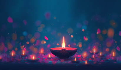 Glowing diya lamp surrounded by soft bokeh lights and rangoli pattern — vibrant Diwali festival background symbolizing warmth, peace, and the triumph of light over darkness
