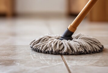 Close-up of a round string mop cleaning a shiny ceramic tile floor. Wooden handle, wet surface with reflections. Household cleaning, hygiene and maintenance concept. Indoor, copy space.