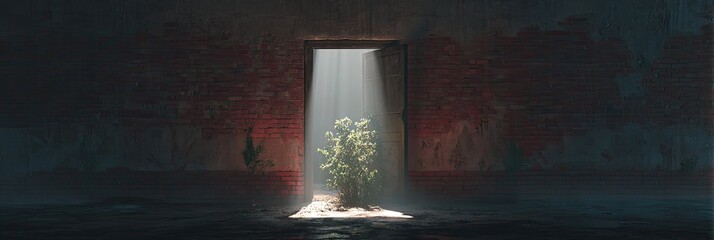 Sunlit sapling thrives in a dimly lit, ancient stone chamber with faded frescoes on the walls