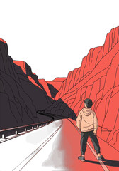Solo Traveler on Winding Canyon Road Flat Vector