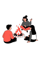 Flat Vector Illustration of Friends Storytelling Around a Campfire