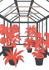 Flat Vector Illustration of Potted Tropical Plants in Greenhouse