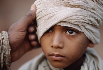 Close-up portrait of a child with a light fabric head wrap, looking ahead with calm eyes while an adult hand gently adjusts the cloth. Soft natural light, shallow depth of field. Human care