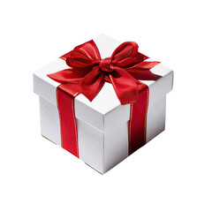 Obraz premium A pristine white gift box, adorned with a vibrant red satin ribbon tied into a beautiful bow