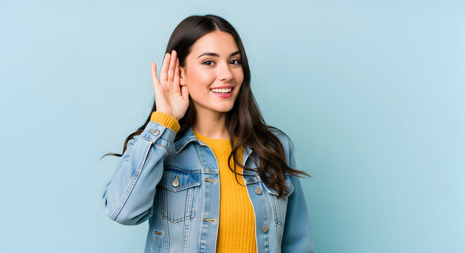Woman eavesdropping on conversation and gossip with hand to ear. Confident girl hearing secret or rumor attentively. Listening carefully concept. Female in denim jacket smiling