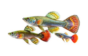 Colorful guppy fish family swimming together detailed aquarium life close up