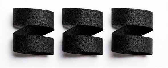 Three black ribbon pieces, zig-zagged, on white