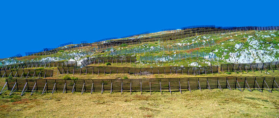 View from the Glacier Express onto the autumnal landscape with snow grids at the Oberalp Pass in the canton of Graub&uuml;nden, Switzerland
