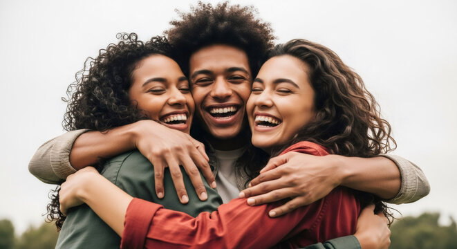 Three happy friends, two women and one man, embrace each other with wide smiles and closed eyes, laughing joyfully. Concept of friendship and togetherness.