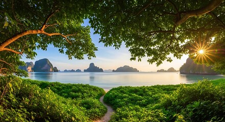 Obraz premium Tropical Paradise Beach Path at Sunrise with Limestone Islands.