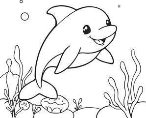 Cheerful dolphin leaps playfully in the ocean depths, a heartwarming scene for children's books, educational materials, and animal-themed designs. Vector illustration.