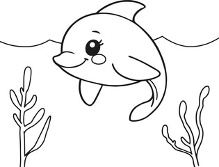 Adorable dolphin swimming in the ocean with seaweed, a delightful coloring page for kids, promoting creativity and marine life awareness, perfect for educational materials