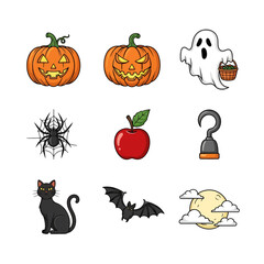 Halloween vector illustrations with cheerful pumpkin, ghost, spider and autumn holiday icons