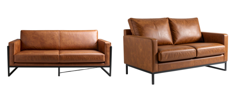 Urban Industrial Brown Leather Sofa with Minimal Metal Frame, Isolated 
