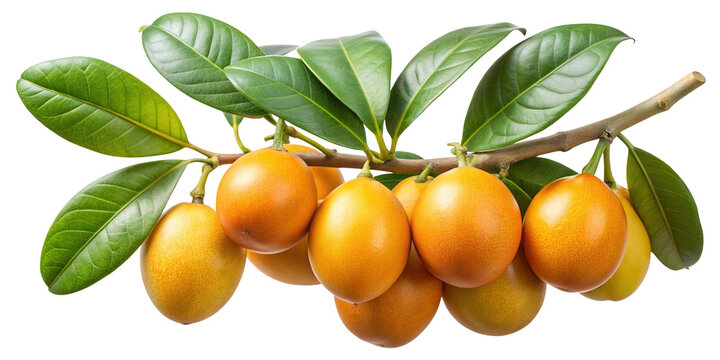 Ripe lucuma fruit bunch with green leaves isolated on a dark backdrop natural food photography